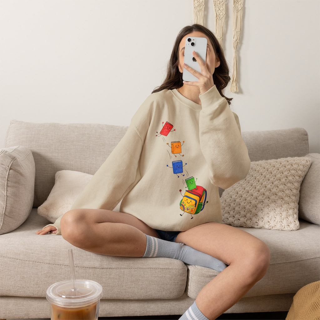 Teacher Backpack and Falling Books Crewneck Sweatshirt — Cute School Supplies Graphic