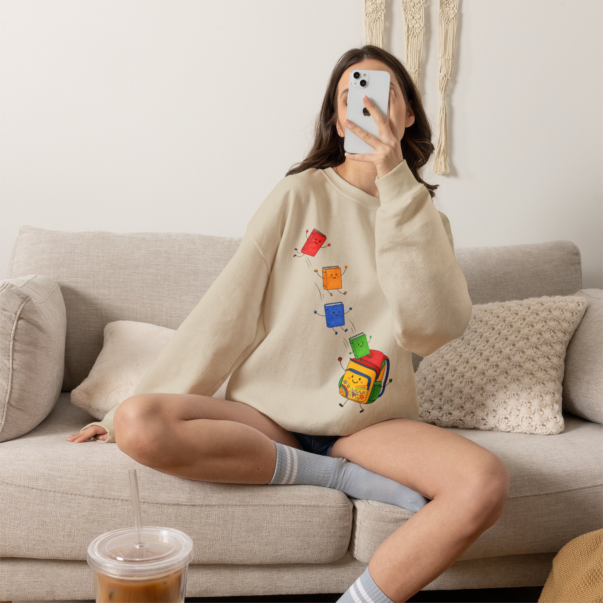 Teacher Backpack and Falling Books Crewneck Sweatshirt — Cute School Supplies Graphic