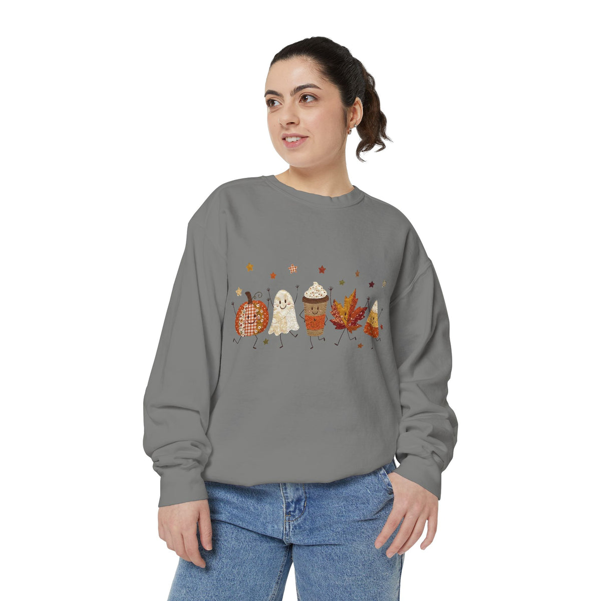 Fall Character Sweatshirt — Cute Autumn Pumpkin, Leaf & Coffee Graphic Crewneck