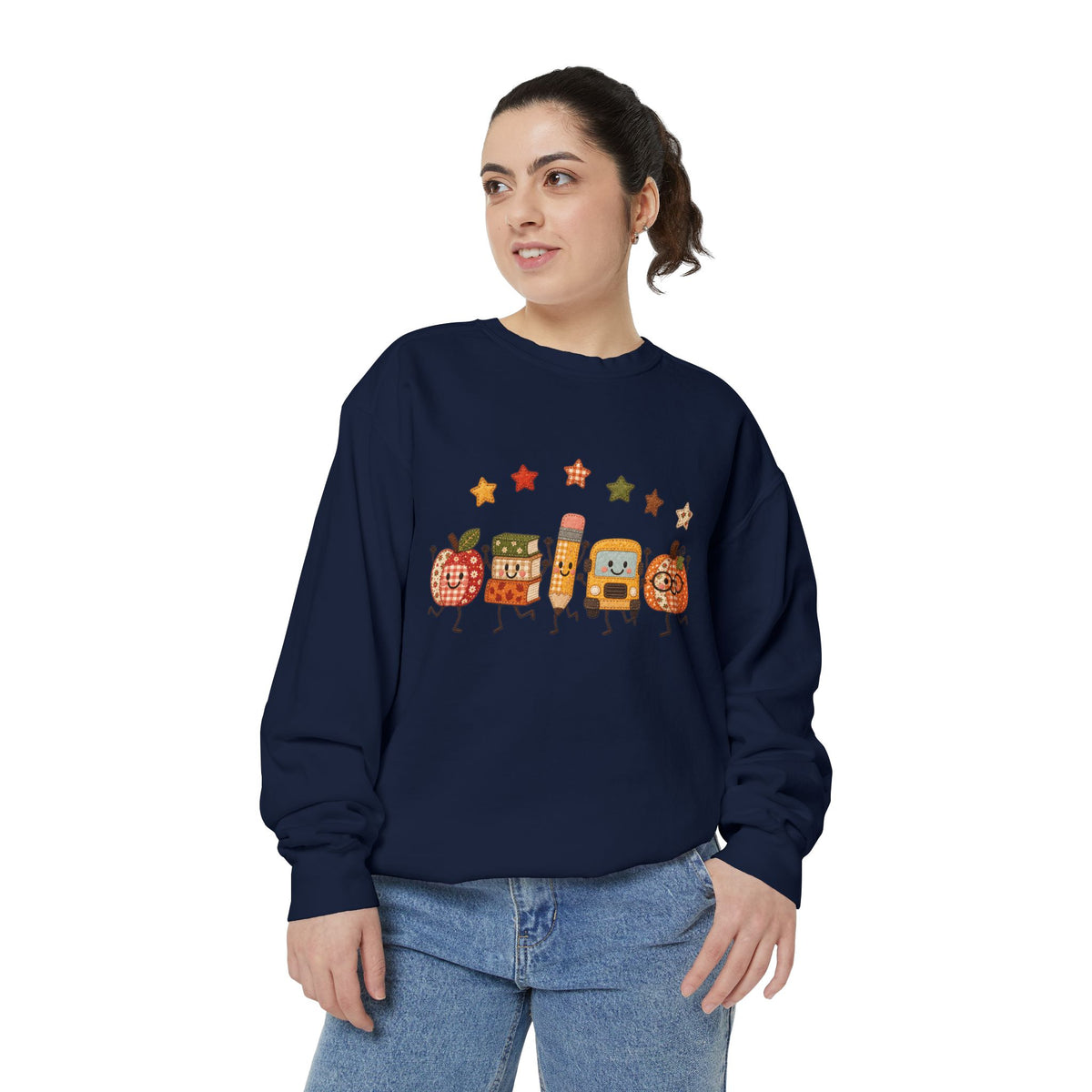 Cute Fall Teacher Characters and Stars Crewneck