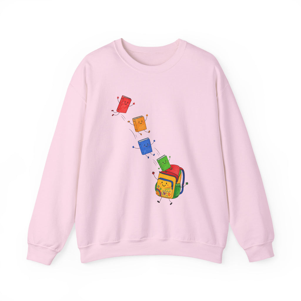 Teacher Backpack and Falling Books Crewneck Sweatshirt — Cute School Supplies Graphic
