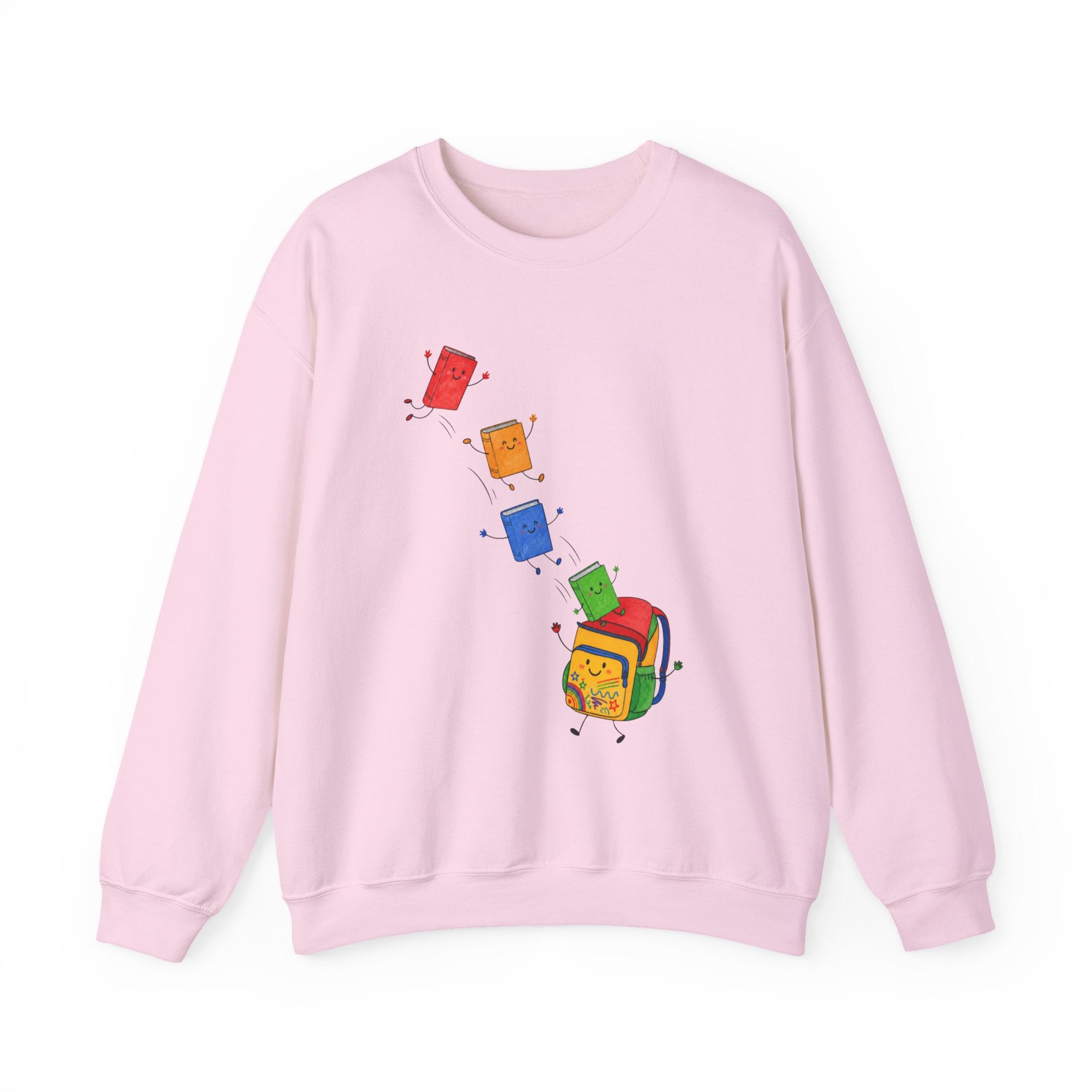 Teacher Backpack and Falling Books Crewneck Sweatshirt — Cute School Supplies Graphic