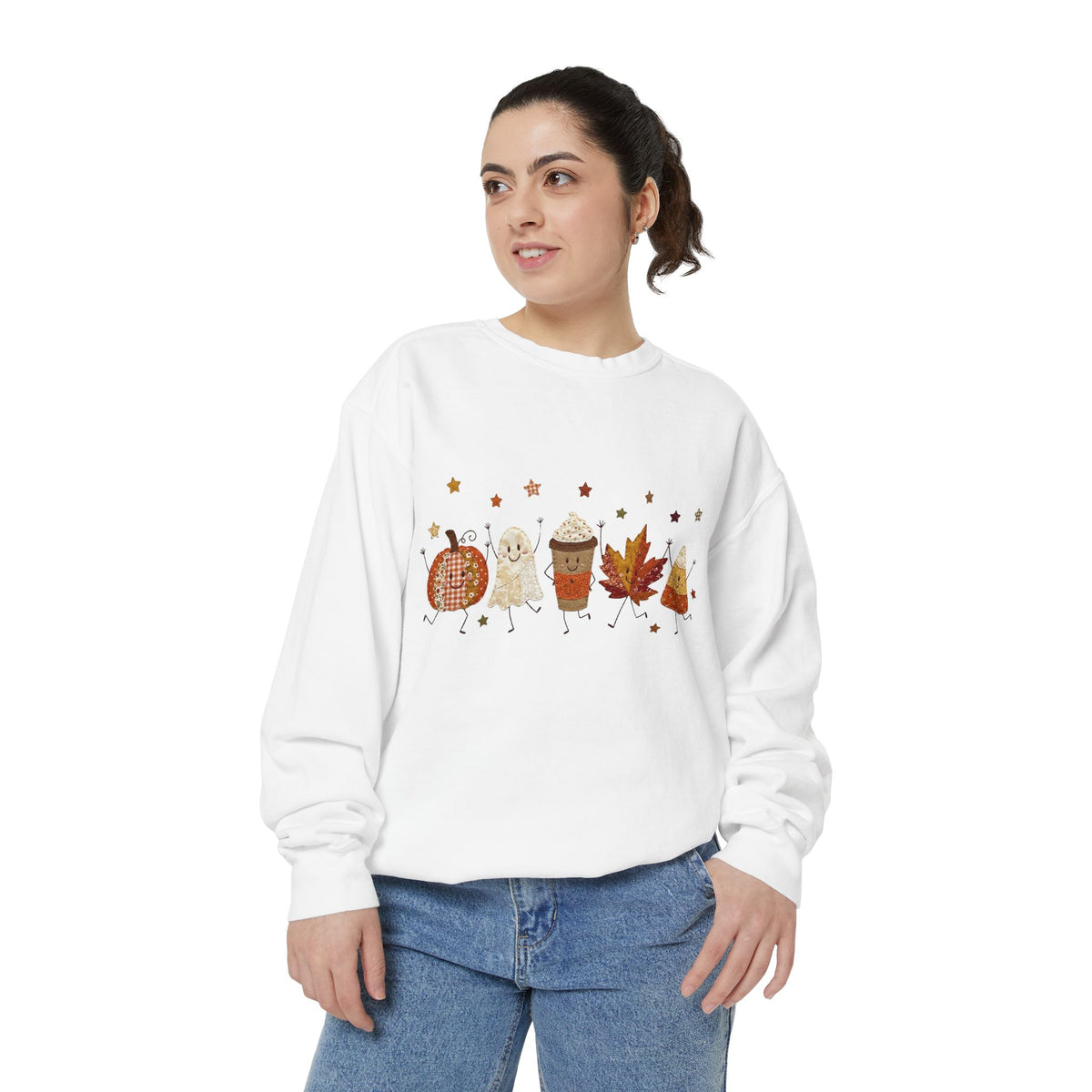 Fall Character Sweatshirt — Cute Autumn Pumpkin, Leaf & Coffee Graphic Crewneck