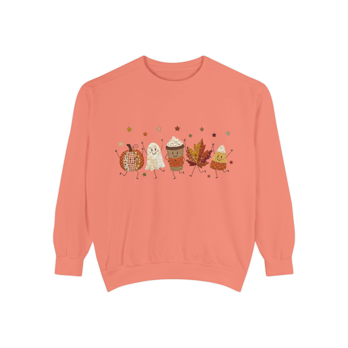 Fall Character Sweatshirt — Cute Autumn Pumpkin, Leaf & Coffee Graphic Crewneck