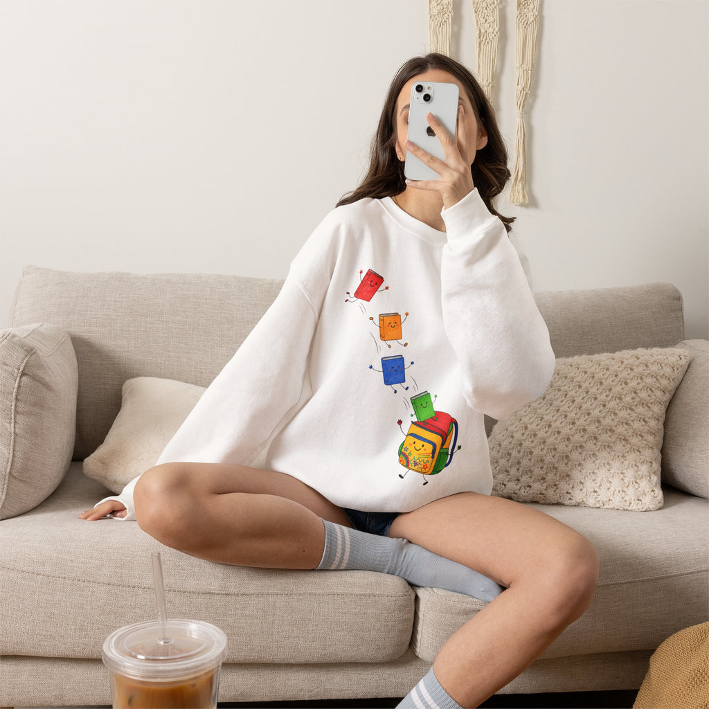Teacher Backpack and Falling Books Crewneck Sweatshirt — Cute School Supplies Graphic