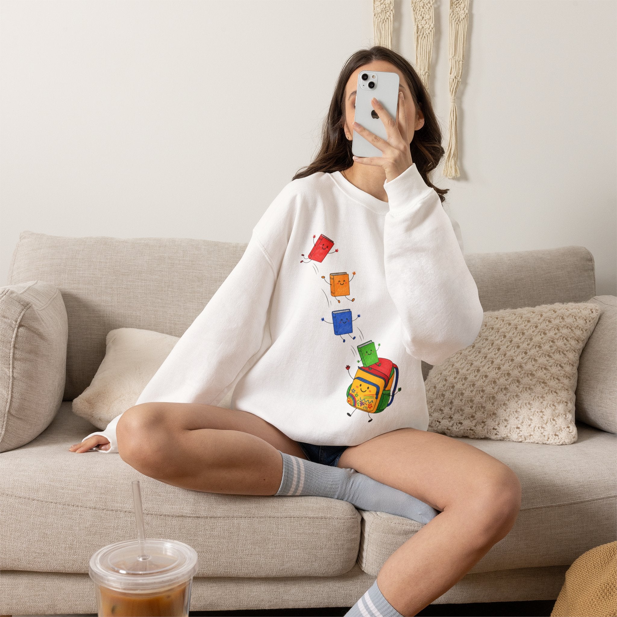 Teacher Backpack and Falling Books Crewneck Sweatshirt — Cute School Supplies Graphic