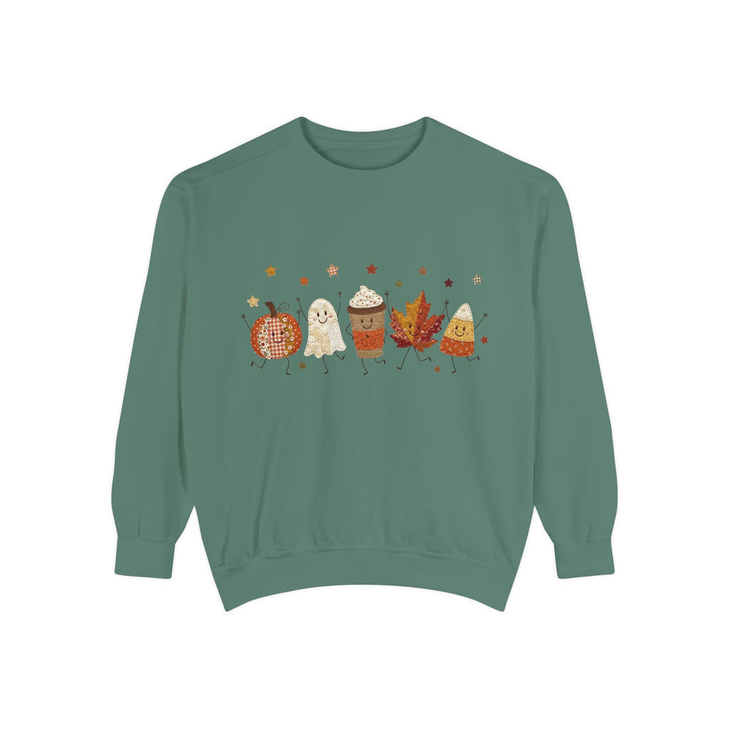 Fall Character Sweatshirt — Cute Autumn Pumpkin, Leaf & Coffee Graphic Crewneck