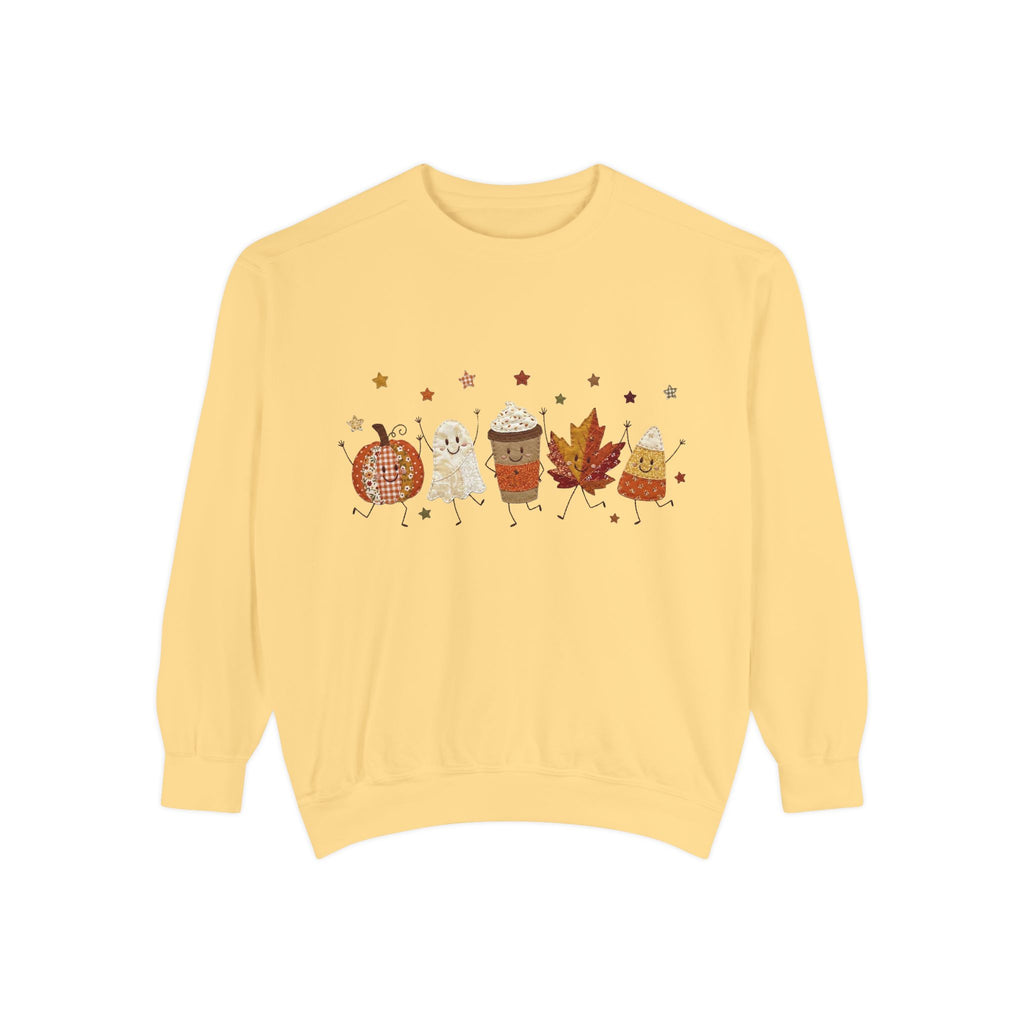 Fall Character Sweatshirt — Cute Autumn Pumpkin, Leaf & Coffee Graphic Crewneck