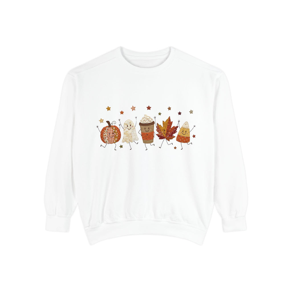 Fall Character Sweatshirt — Cute Autumn Pumpkin, Leaf & Coffee Graphic Crewneck