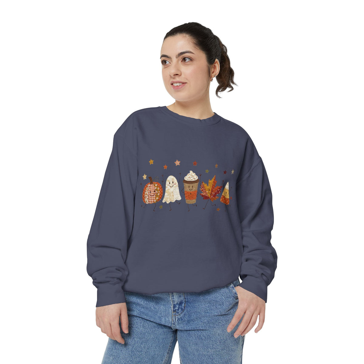 Fall Character Sweatshirt — Cute Autumn Pumpkin, Leaf & Coffee Graphic Crewneck