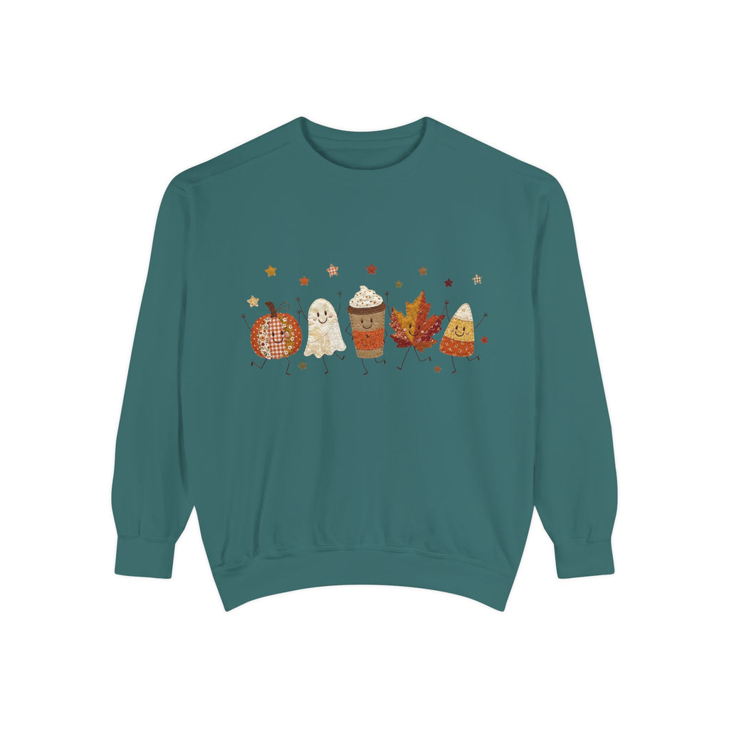 Fall Character Sweatshirt — Cute Autumn Pumpkin, Leaf & Coffee Graphic Crewneck