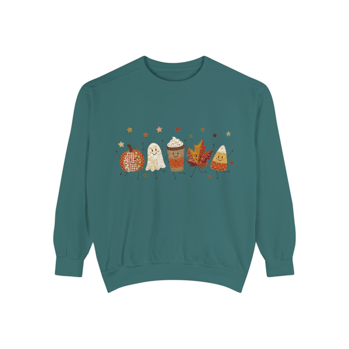 Fall Character Sweatshirt — Cute Autumn Pumpkin, Leaf & Coffee Graphic Crewneck
