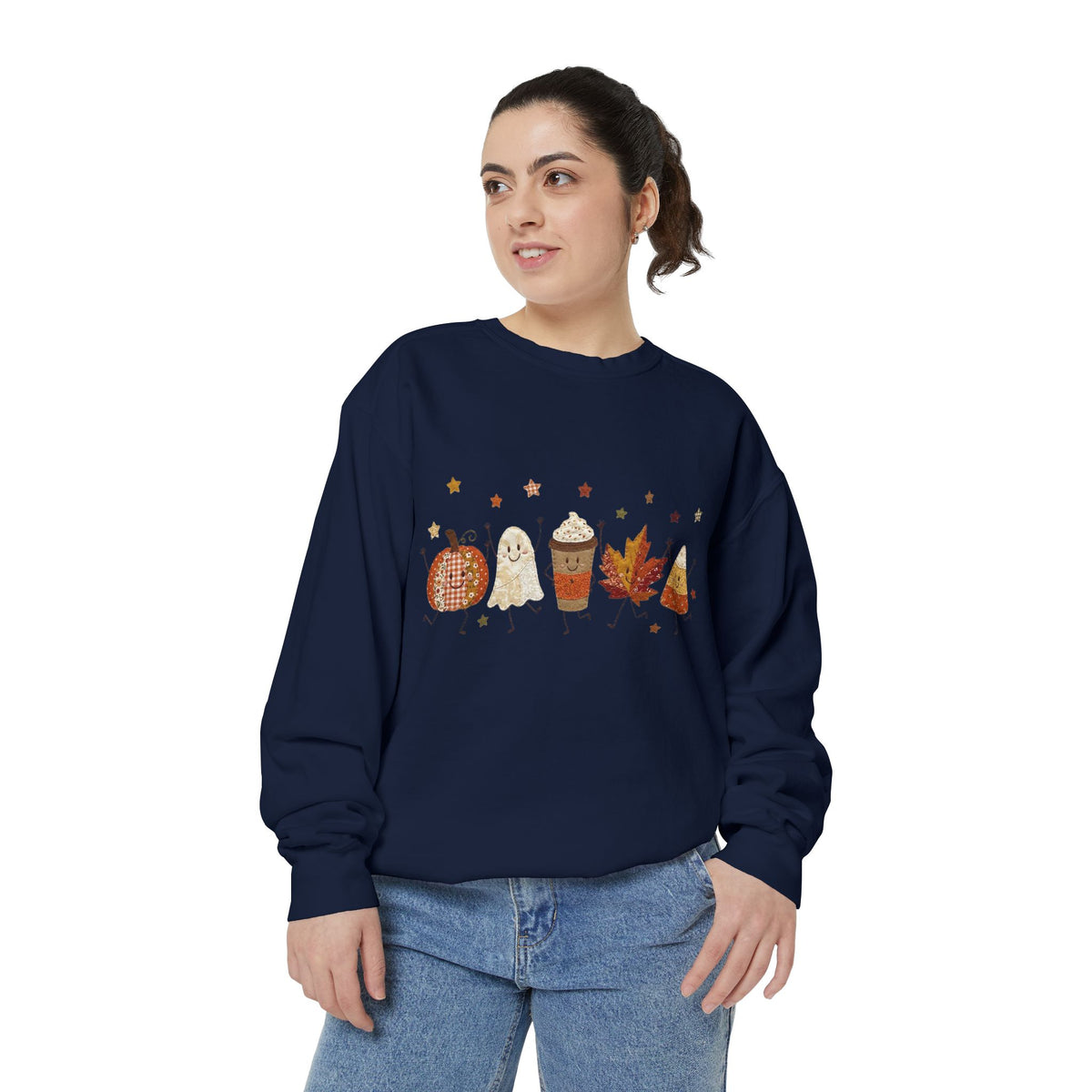Fall Character Sweatshirt — Cute Autumn Pumpkin, Leaf & Coffee Graphic Crewneck