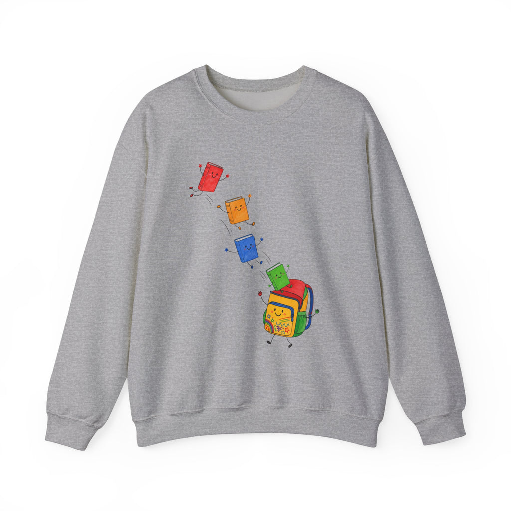 Teacher Backpack and Falling Books Crewneck Sweatshirt — Cute School Supplies Graphic