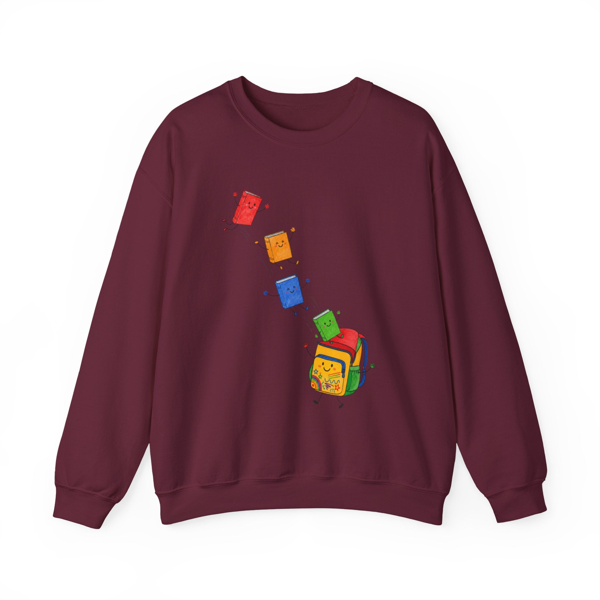 Teacher Backpack and Falling Books Crewneck Sweatshirt — Cute School Supplies Graphic