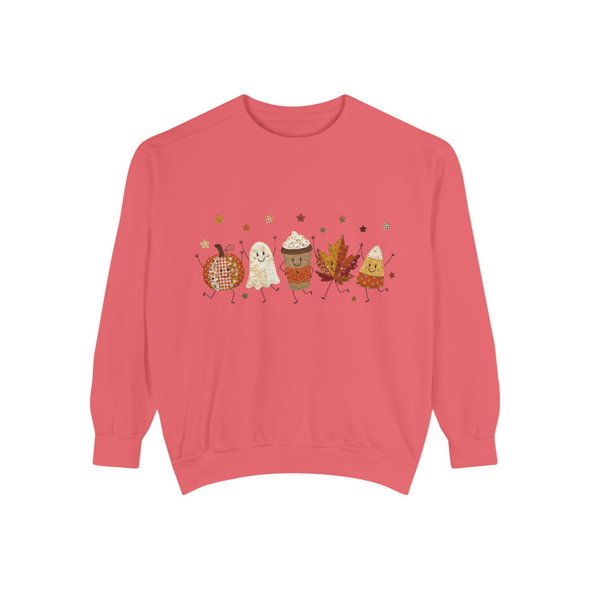 Fall Character Sweatshirt — Cute Autumn Pumpkin, Leaf & Coffee Graphic Crewneck