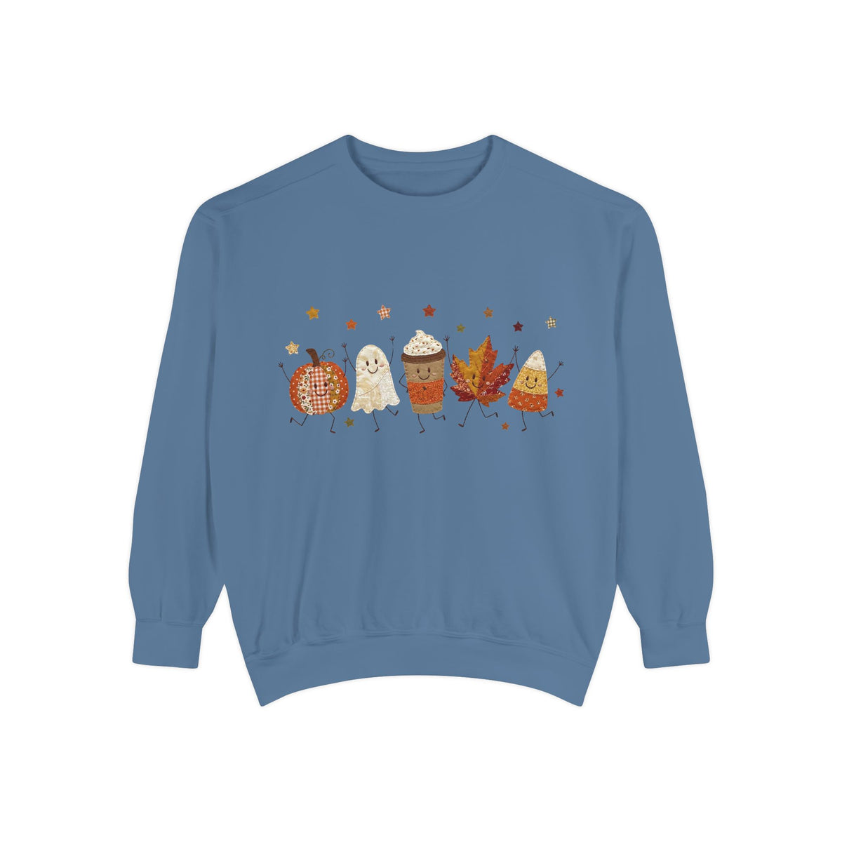 Fall Character Sweatshirt — Cute Autumn Pumpkin, Leaf & Coffee Graphic Crewneck