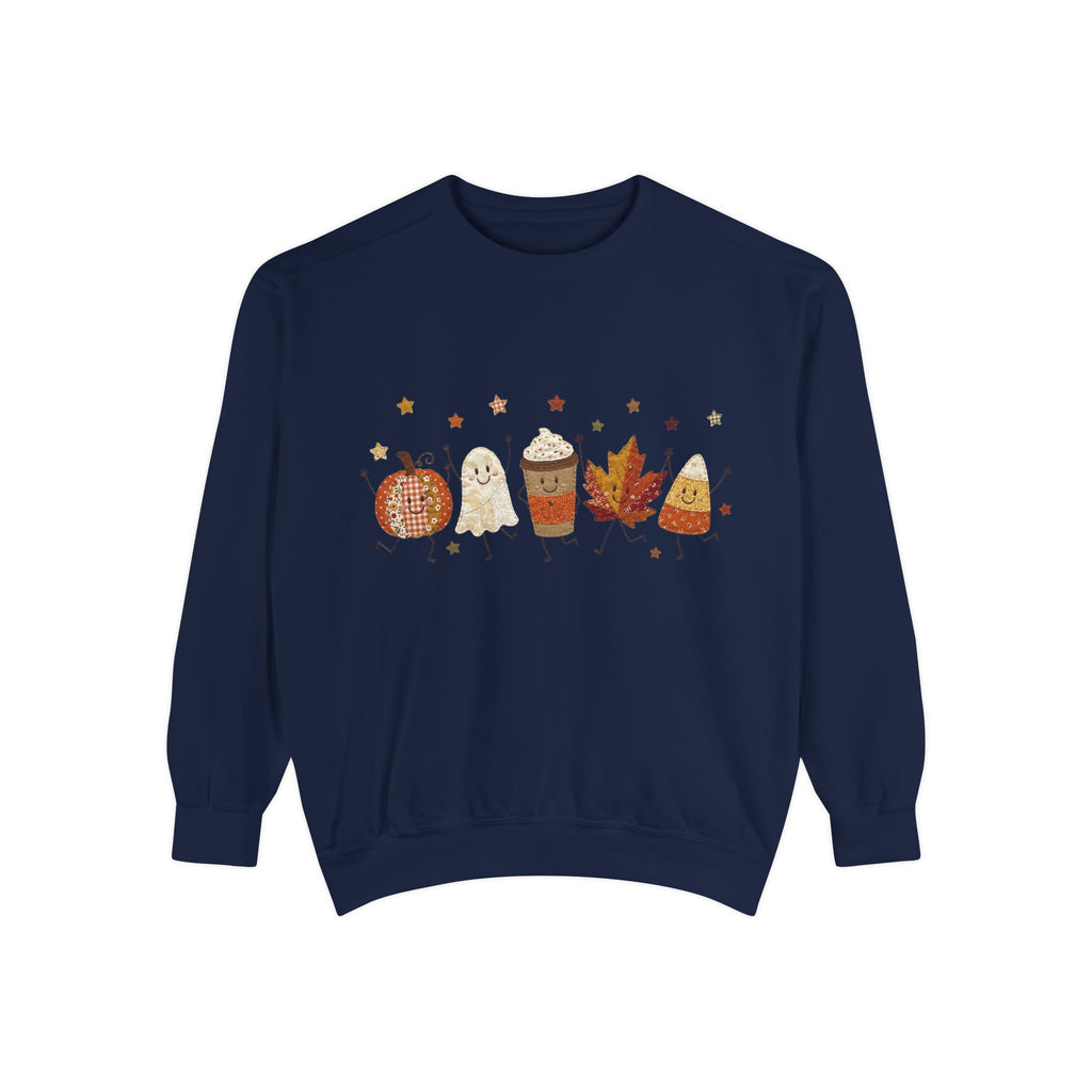 Fall Character Sweatshirt — Cute Autumn Pumpkin, Leaf & Coffee Graphic Crewneck