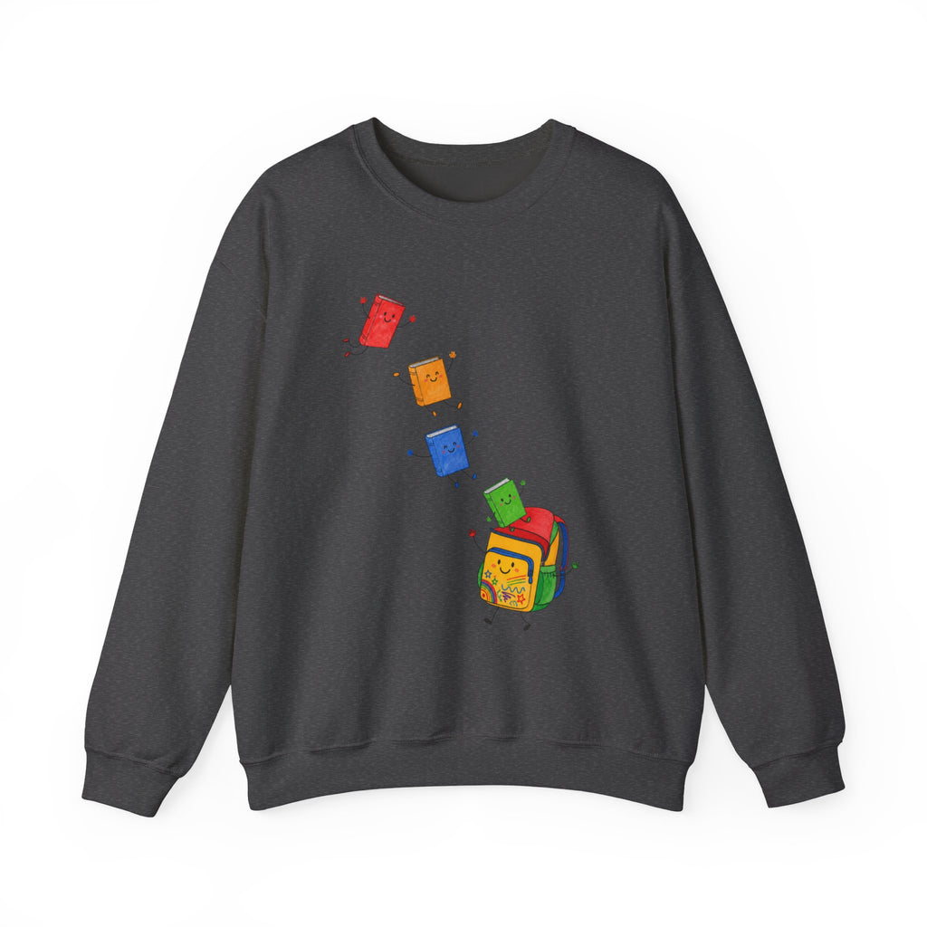 Teacher Backpack and Falling Books Crewneck Sweatshirt — Cute School Supplies Graphic