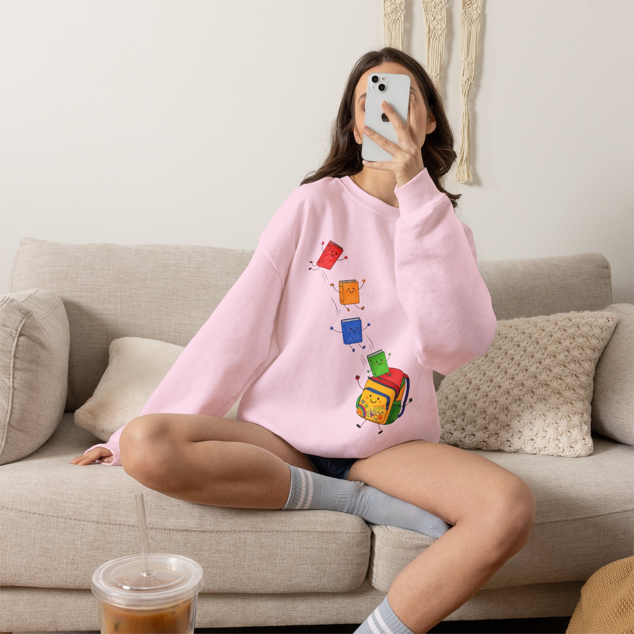 Teacher Backpack and Falling Books Crewneck Sweatshirt — Cute School Supplies Graphic