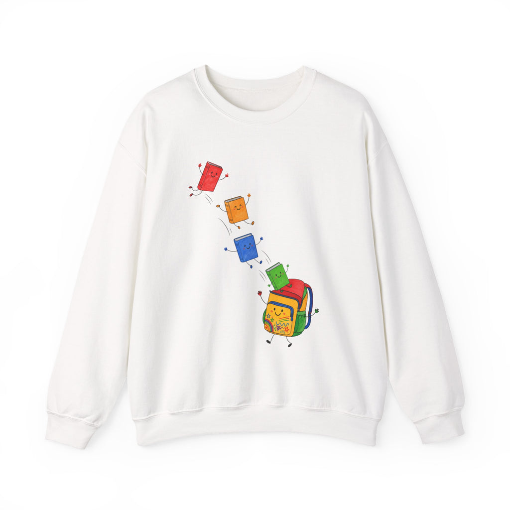 Teacher Backpack and Falling Books Crewneck Sweatshirt — Cute School Supplies Graphic