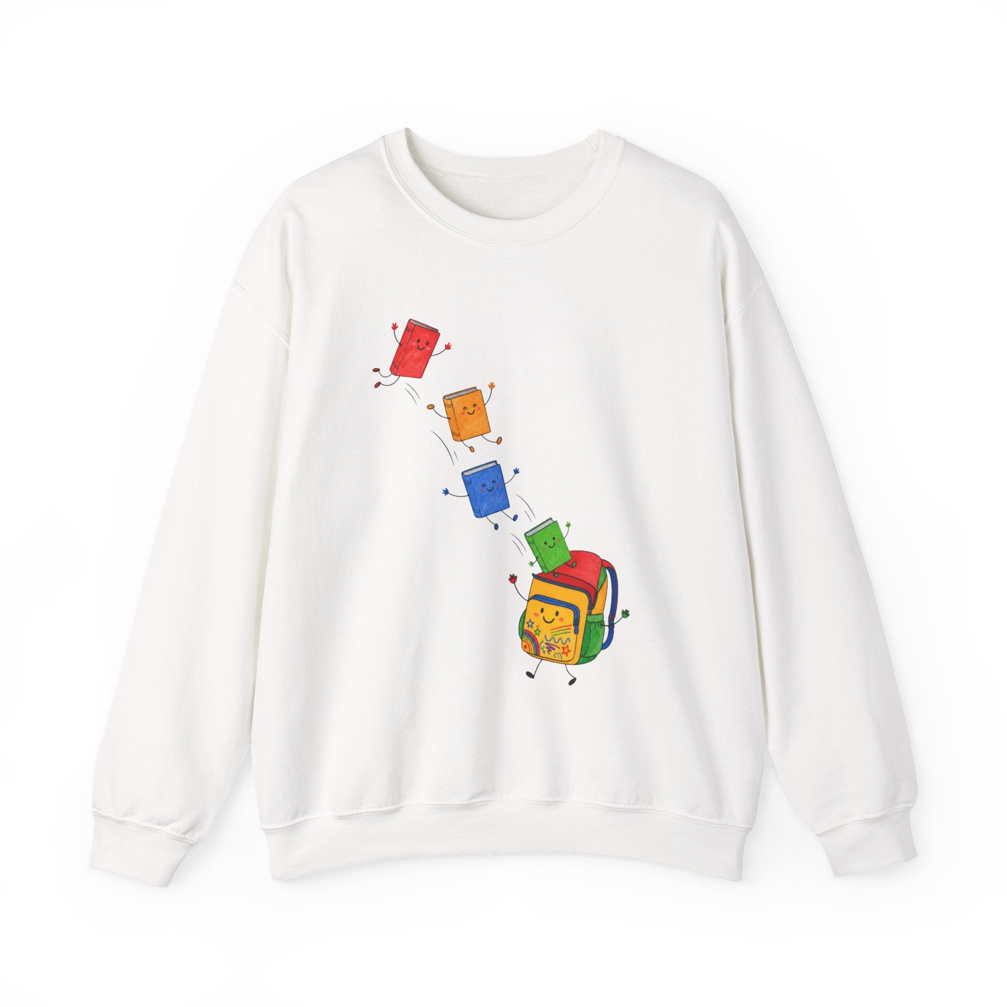 Teacher Backpack and Falling Books Crewneck Sweatshirt — Cute School Supplies Graphic