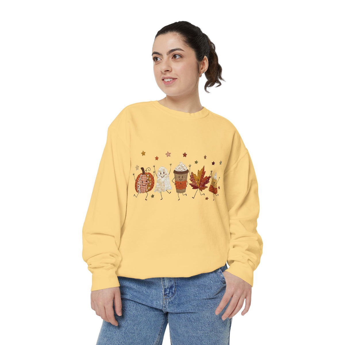 Fall Character Sweatshirt — Cute Autumn Pumpkin, Leaf & Coffee Graphic Crewneck