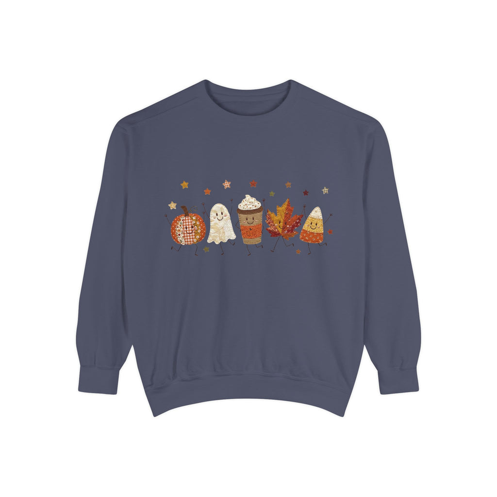Fall Character Sweatshirt — Cute Autumn Pumpkin, Leaf & Coffee Graphic Crewneck