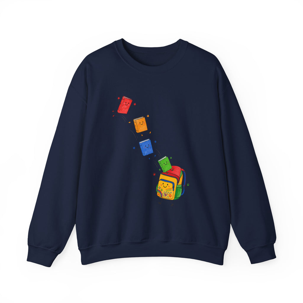Teacher Backpack and Falling Books Crewneck Sweatshirt — Cute School Supplies Graphic