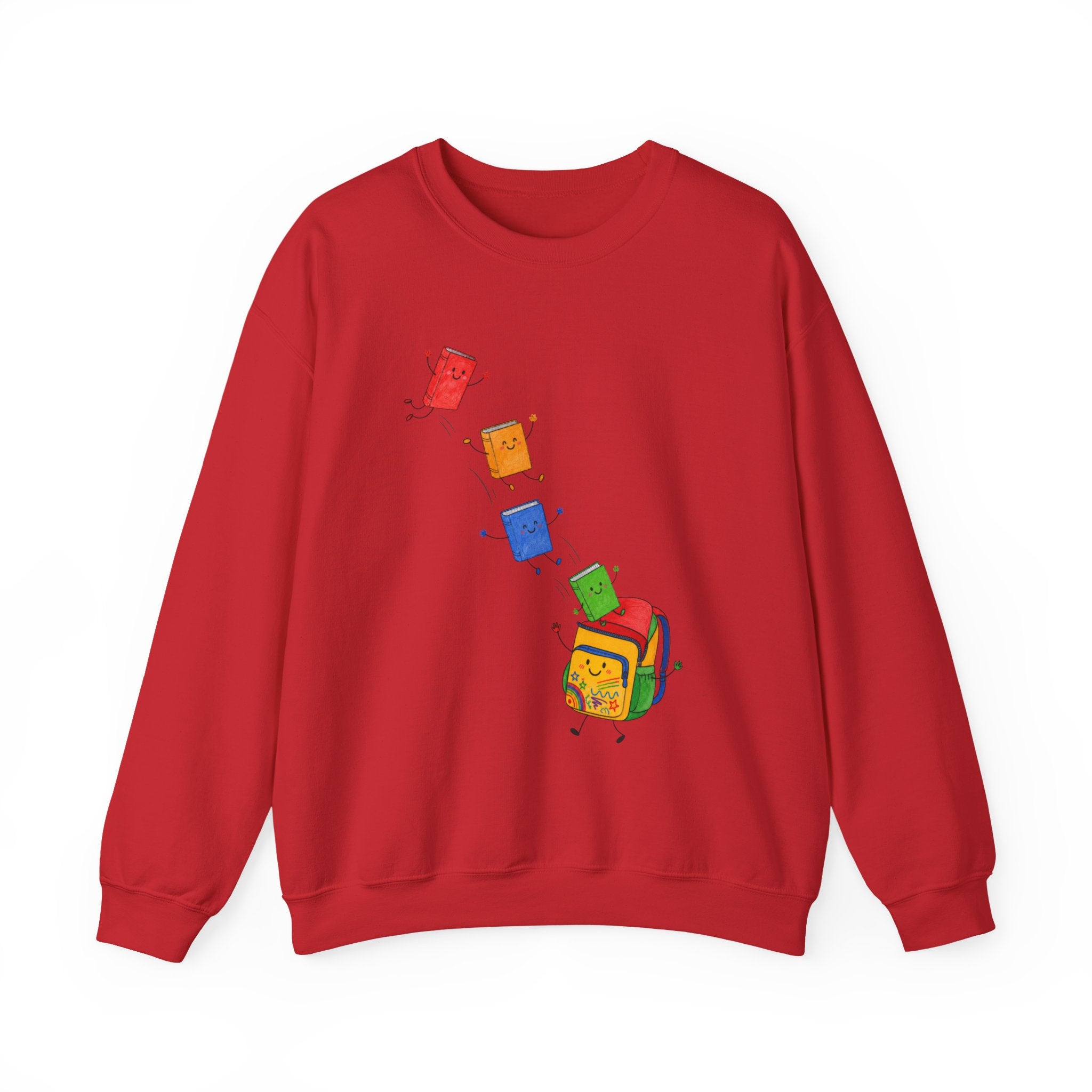 Teacher Backpack and Falling Books Crewneck Sweatshirt — Cute School Supplies Graphic