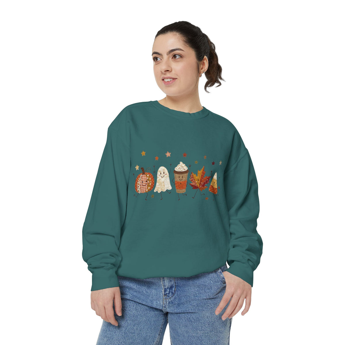 Fall Character Sweatshirt — Cute Autumn Pumpkin, Leaf & Coffee Graphic Crewneck