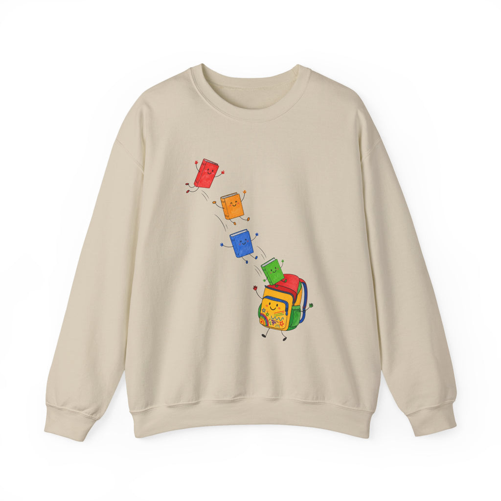 Teacher Backpack and Falling Books Crewneck Sweatshirt — Cute School Supplies Graphic