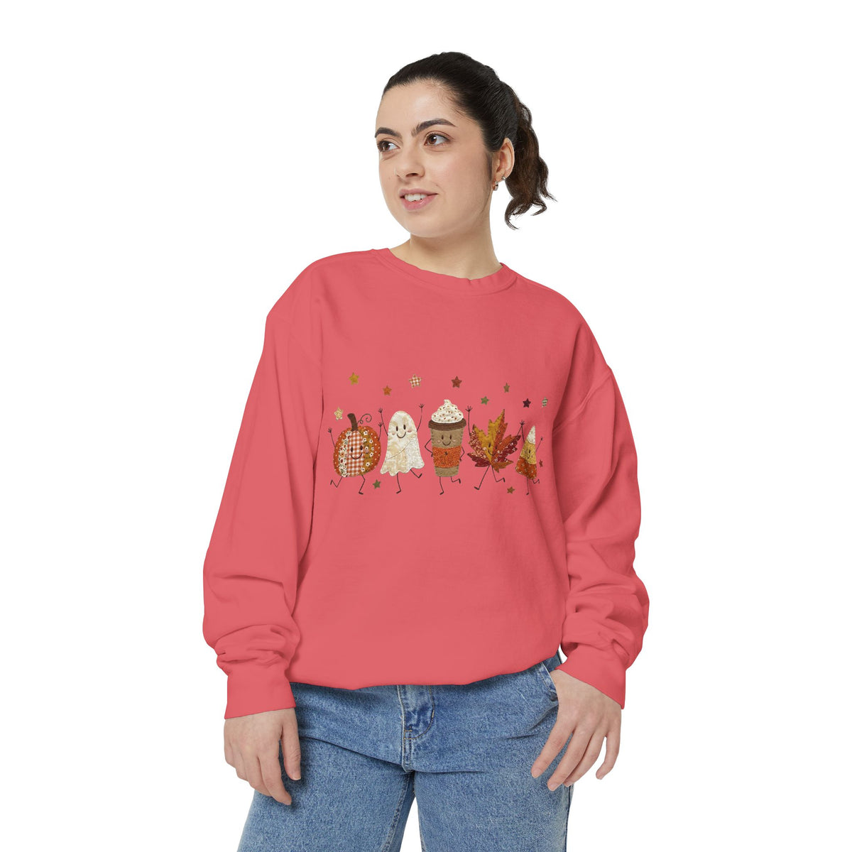 Fall Character Sweatshirt — Cute Autumn Pumpkin, Leaf & Coffee Graphic Crewneck