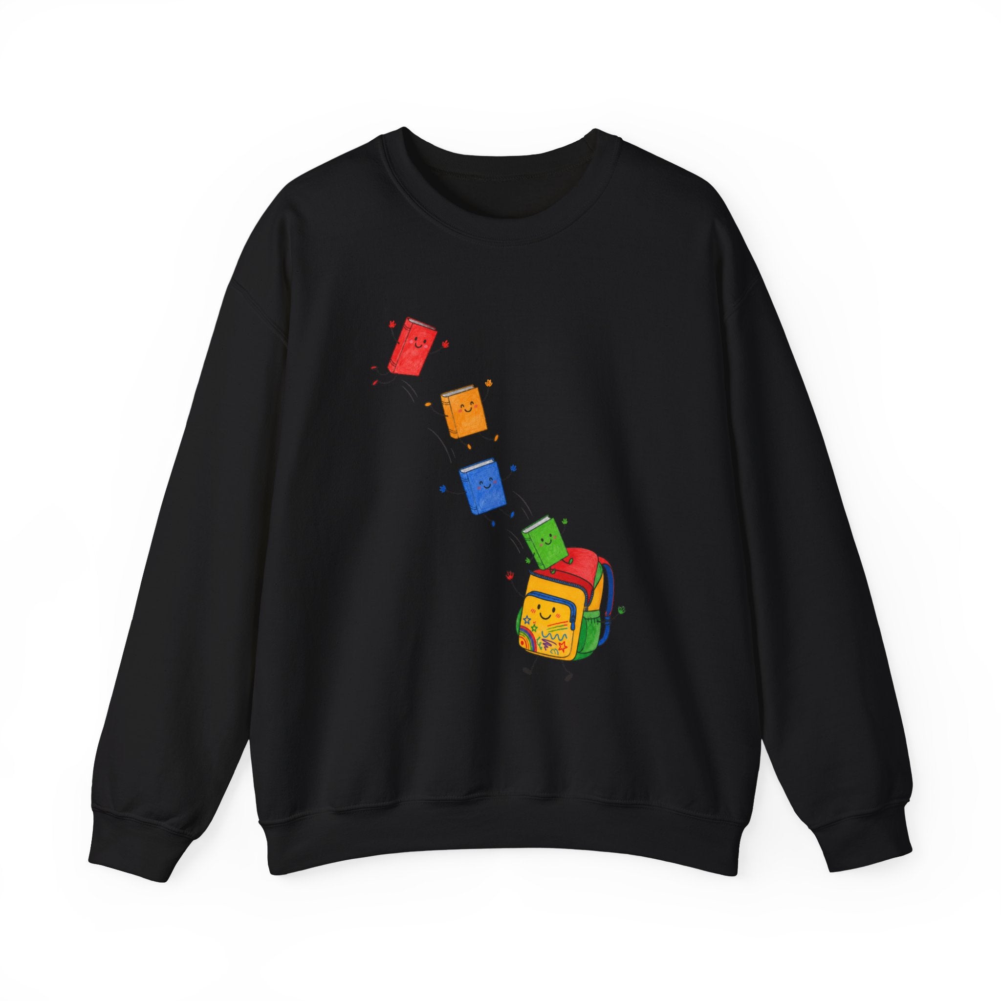 Teacher Backpack and Falling Books Crewneck Sweatshirt — Cute School Supplies Graphic
